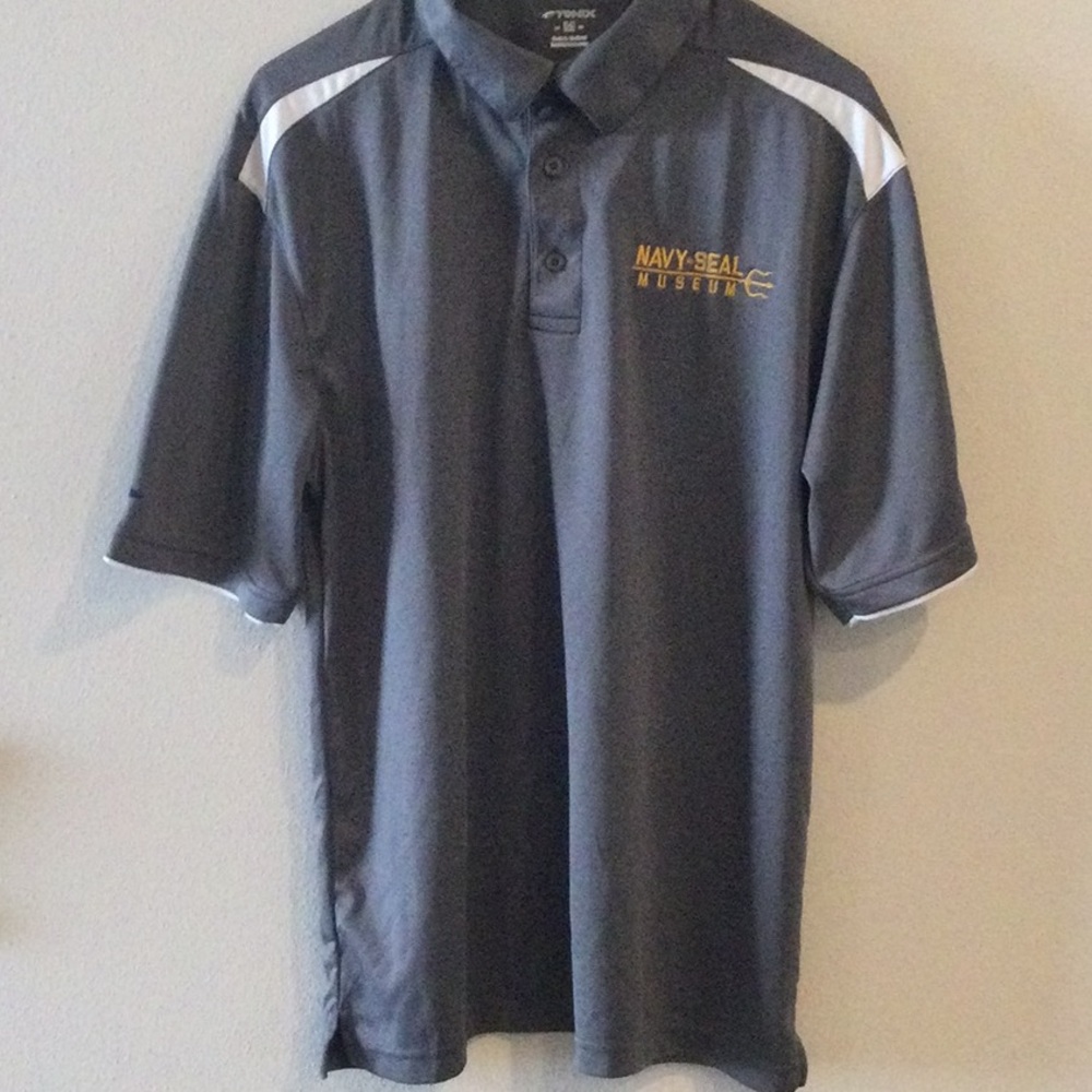 Gray short sleeved Polo Shirt with White Accents. Size M.